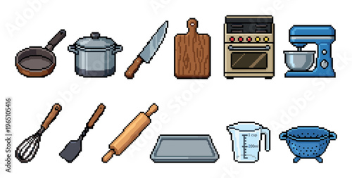 Pixel art collection of kitchen utensils and appliances including a pan, pot, knife, stove, mixer, and baking tools in a retro 8-bit video game style
