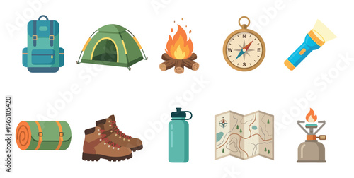 Collection of colorful flat design icons for camping and hiking including a backpack, tent, campfire, compass, flashlight, sleeping bag, boots, map, and stove for an adventure