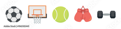 Collection of flat design sports icons featuring a soccer ball, basketball hoop, tennis ball, boxing gloves, and a dumbbell, representing various athletic activities and a healthy lifestyle