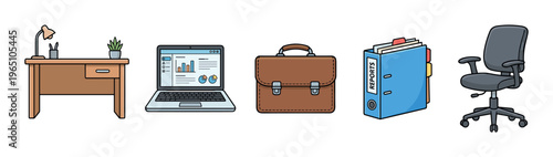 Collection of five colorful office items including a desk with a lamp, a laptop showing graphs, a briefcase, a binder, and a swivel chair