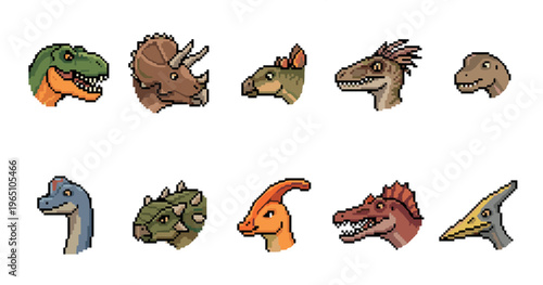 Set of colorful pixel art dinosaur heads featuring ten different prehistoric reptile species in a retro 8-bit video game style, including carnivores and herbivores