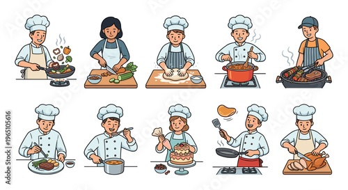 Set of diverse cartoon people cooking food, showing various culinary activities like baking, grilling, frying, and decorating a cake in a simple line art style