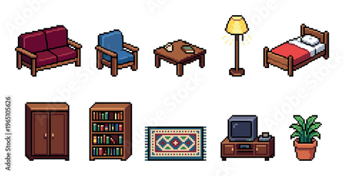 Pixel art furniture and home decor set with a sofa, bed, bookshelf, and television in a retro 8-bit video game style for an isometric interior design project