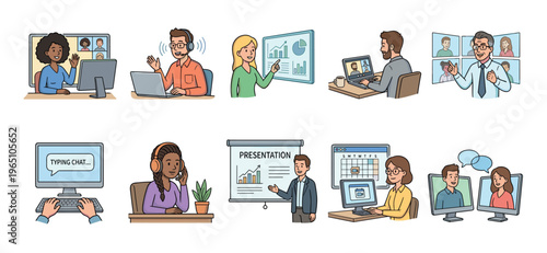 Collection of diverse cartoon character illustrations for online meetings, showing people in video calls, presenting data, and communicating remotely
