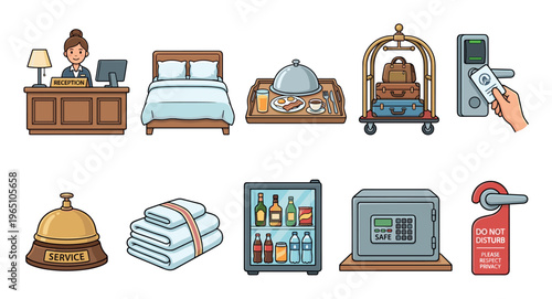 Collection of colorful hotel service icons including a receptionist, bed, room service, luggage cart, key card, service bell, minibar, and safe
