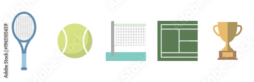 Set of five flat tennis icons including a racket, ball, net, court, and trophy cup, presented in a minimalist illustrative style for sports and competition concepts