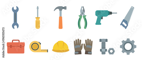 Collection of colorful flat design tools for construction and repair, including a hammer, wrench, screwdriver, drill, saw, helmet, and toolbox, presented as a vector icon set