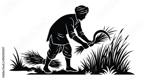 Indian Farmer Cutting Grass Icon Silhouette vector black design on a white background