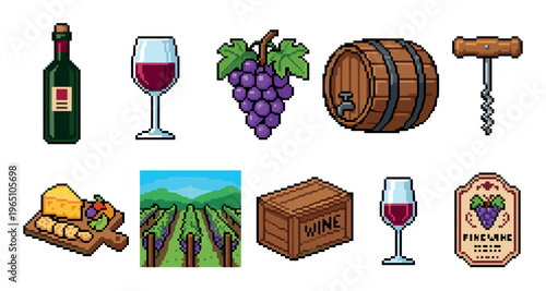 Collection of pixel art wine icons featuring a bottle, glass, grapes, barrel, corkscrew, cheese board, vineyard, crate, and label in a retro 8-bit video game style