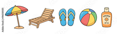 Set of colorful cartoon beach items including a sun umbrella, deck chair, flip-flops, inflatable ball, and sunscreen lotion for a summer vacation or holiday concept