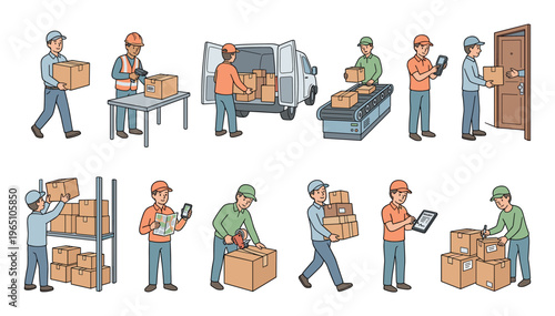 Collection of delivery and warehouse worker illustrations showing the logistics process from sorting and packing to shipping and final delivery, presented in a simple cartoon style