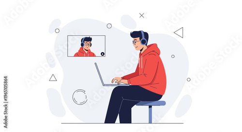 Young man in headphones video conferencing on laptop, online communication concept