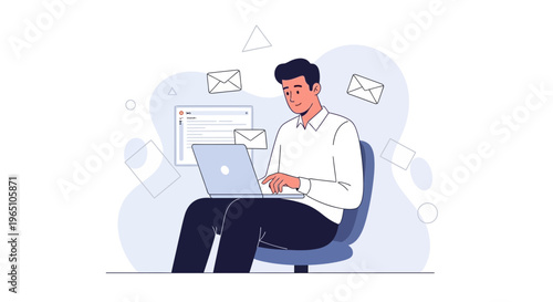 Man working on laptop with emails flying around, digital communication concept