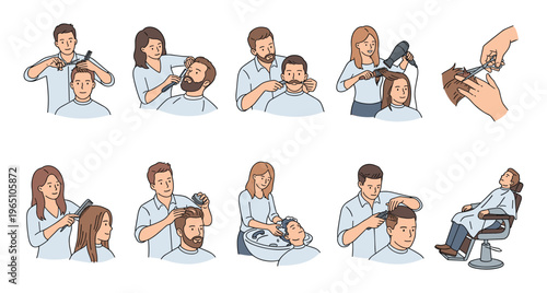 Collection of hand-drawn barbershop and hair salon illustrations showing various services like cutting, styling, washing, and trimming for men and women in a simple doodle style