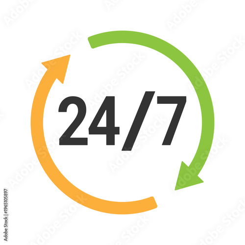 24 7 service availability icon with arrows representing continuous operation, nonstop support, customer service, business reliability, and round the clock workflow concept. Transparent vector