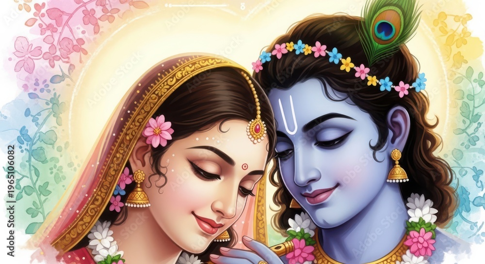 Obraz premium Hindu Deities Radha Krishna Embrace Divine Love Devotion Spiritual Connection Soft Pastel Colors