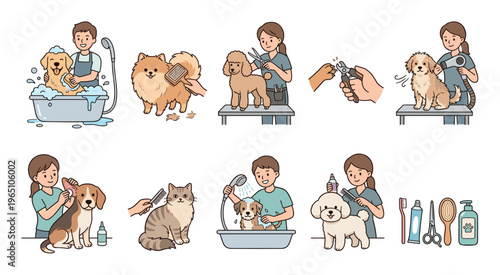 Pet grooming illustration set showing people washing, brushing, trimming, and cleaning various dogs and a cat in a cute cartoon doodle style