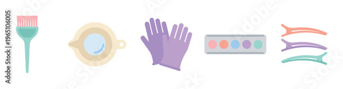 Set of hair dyeing tools including a brush, bowl, gloves, color palette, and clips in a flat vector illustration style with pastel colors