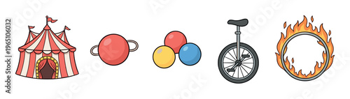 Set of colorful cartoon circus equipment icons including a striped tent, juggling balls, a unicycle, a strongman weight, and a flaming hoop for performance concepts