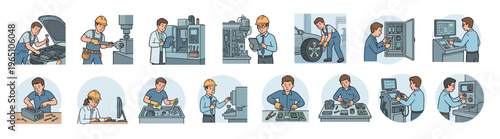 Set of hand-drawn icons depicting skilled laborers and engineers at work, including auto mechanics, electricians, and factory operators using tools and machinery in a simple comic style