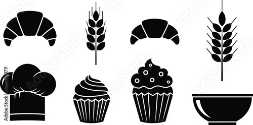 Black bakery icon set featuring croissant wheat stalks cupcake muffin chef hat and mixing bowl for pastry shop branding design.