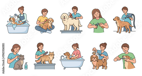 Collection of pet grooming illustrations showing people caring for dogs and cats with various procedures like washing, brushing, trimming fur, clipping nails, and cleaning teeth