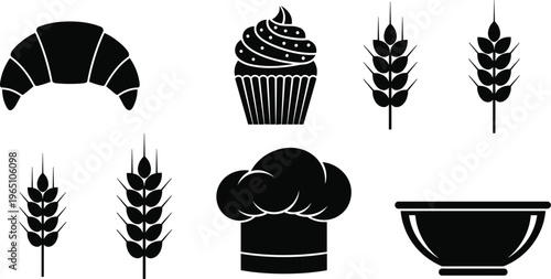 Black bakery icon set featuring croissant, cupcake, wheat stalks, chef hat, and mixing bowl for organic pastry and bread branding.