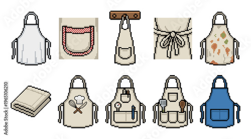Pixel art set of kitchen aprons and accessories showing various designs, including clean, dirty, and with pockets full of cooking utensils for a retro video game