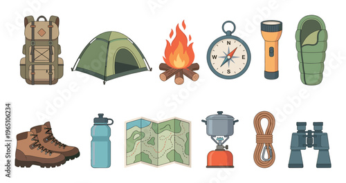 Camping and hiking equipment icons including a backpack, tent, campfire, compass, map, and boots in a flat cartoon illustration style for outdoor adventure