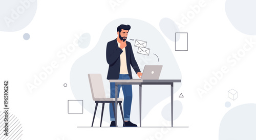 Man thinking about emails while working on laptop at desk, modern office illustration