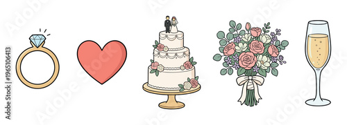Set of wedding celebration icons including a diamond ring, heart, cake, bouquet, and champagne glass in a cute cartoon doodle style