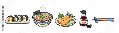 Collection of illustrated Japanese food items including sushi maki rolls, a steaming bowl of ramen soup, shrimp tempura, soy sauce, and chopsticks