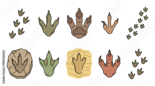 Collection of colorful dinosaur footprints and tracks in various cartoon styles, including fossil imprints in stone and mud, showcasing different prehistoric creature paws with claws