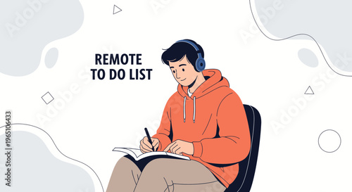 Young man with headphones writing a to-do list remotely, focused on tasks