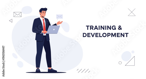 Businessman with laptop and email icons, training and development concept