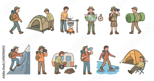 Large collection of hand-drawn characters enjoying outdoor adventures, showing various camping, hiking, and recreational activities in a charming cartoon doodle style illustration set