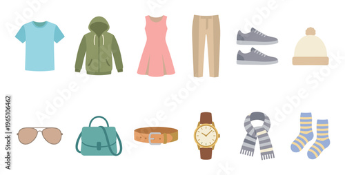 Colorful flat design collection of clothing and accessories for men and women, including a t-shirt, hoodie, dress, pants, shoes, hat, sunglasses, bag, belt, watch, and scarf