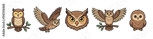 Collection of five cute cartoon owls in various poses, including sitting on a branch, flying, and a head portrait, presented in a charming, hand-drawn vector style