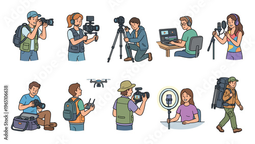 Collection of cartoon character illustrations showing photographers, videographers, and content creators with professional equipment like cameras, drones, and microphones for media production