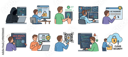 Collection of cybersecurity and data protection illustrations showing concepts of hacking, two-factor authentication, passwords, cloud storage, and biometric scanning in a cartoon style