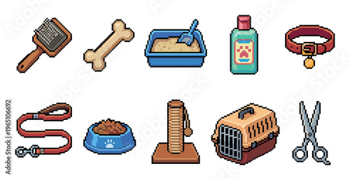 Pixel art collection of pet supplies including a brush, bone, litter box, shampoo, collar, leash, food bowl, scratching post, carrier, and scissors for a retro video game