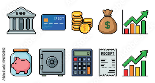 Set of pixel art finance icons including a bank, credit card, coins, money bag, growth chart, piggy bank, safe, calculator, and receipt in a retro 8-bit video game style