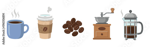 Set of coffee making icons including a mug, takeaway cup, beans, grinder, and french press in a flat vector illustration style for cafe or beverage concepts