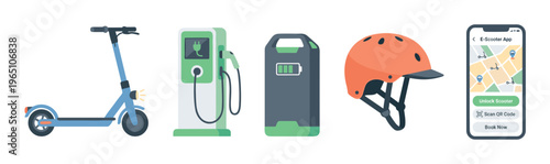 Electric scooter sharing service vector icon set featuring a kick scooter, charging station, battery, helmet, and smartphone app for urban mobility and eco-friendly transport