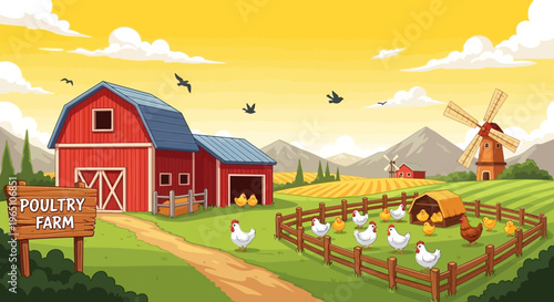Illustration of a red barn and fenced chicken coop on a poultry farm with a windmill and mountain range in the background under a yellow sky.
