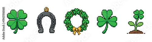 Pixel art set of St. Patrick's Day icons including a four-leaf clover, horseshoe, shamrock wreath, and growing plant in a retro 8-bit video game style