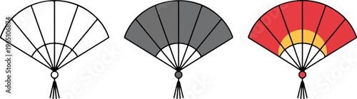 Set of minimalist traditional folding hand fan icons in outline silhouette and colorful red gold flat vector styles.