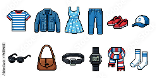 Pixel art clothing and accessories collection featuring a denim jacket, floral dress, jeans, sneakers, and a watch, created in a classic 8-bit retro video game aesthetic