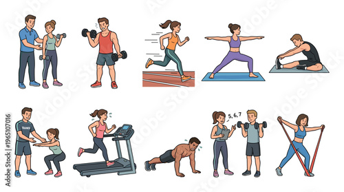 Large set of colorful cartoon illustrations showing diverse people exercising, including weightlifting, running on a treadmill, doing yoga, stretching, and working with a personal trainer