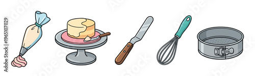 Baking and cake decorating tools illustration set including a piping bag, turntable, offset spatula, whisk, and springform pan in a colorful hand-drawn cartoon style